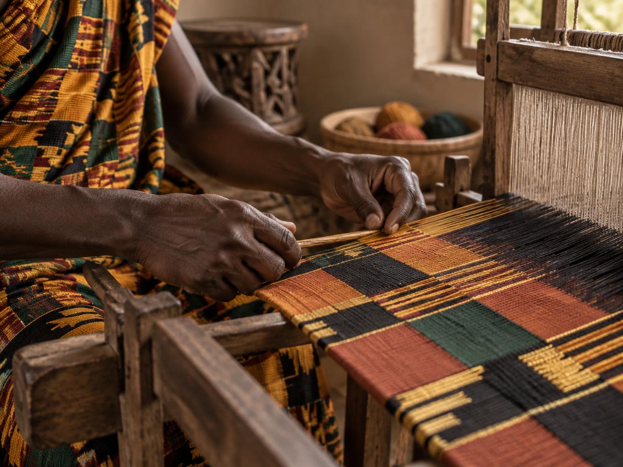 Hands weaving traditional Ghanaian kente cloth on a wooden loom