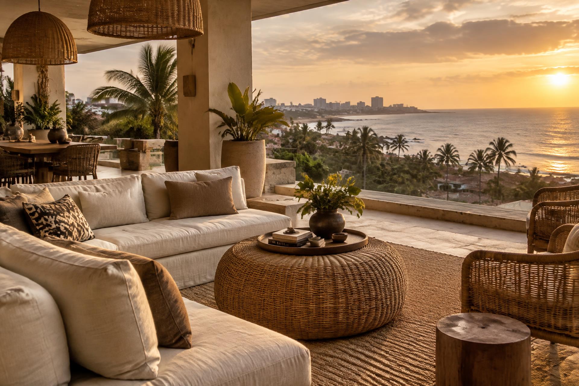 Golden evening light over a terrace looking out to the Accra coastline in Ghana